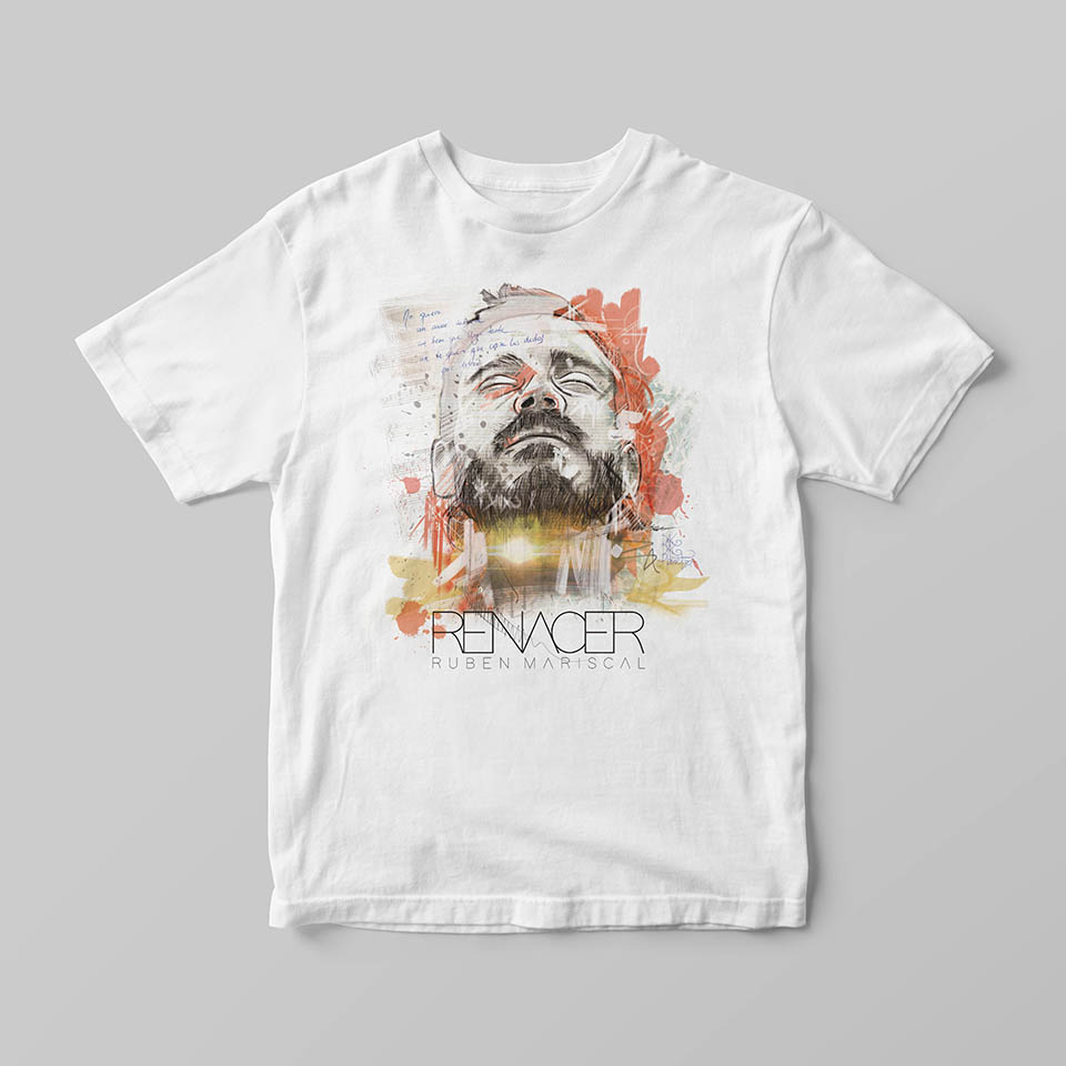 Camiseta e imagen de marca para el cantautor Rubén Mariscal. Logotipo, cartelería, camisetas. Todo basado en un retrato del cantante.