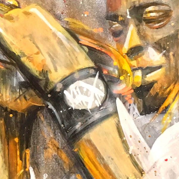 Detalle. Miles Davis en gran formato pintado sobre bolsa reciclada con marco decapado blanco. Obra original de Danieru San. Miles el gran trompetista.