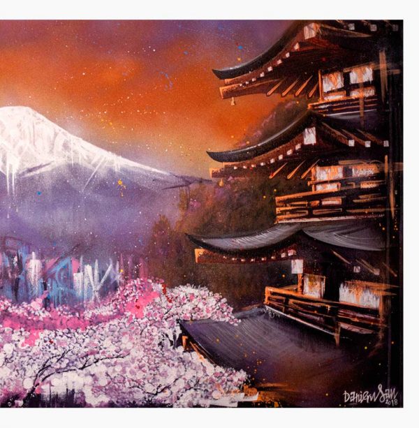 Kyoto por la tarde. Danieru San es un apasionado de Japón y quiso prismar en un lienzo la atmosfera única, colorista y moderna de Kyoto.